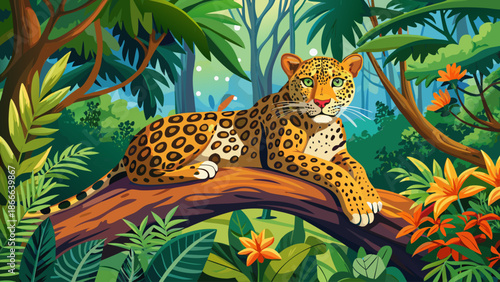 Leopard resting on tree branch in jungle environment