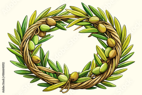 Rustic wreath made of twisted vine olive branch green olives and bay leaves farmhouse decor Mediterranean style natural textures home styling stock photography