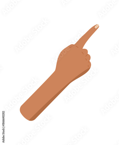 Cartoon bare hand with raised index finger. Flat style hand pointing upward with forefinger to represent the number one. Gesture useful for math, counting, and education concepts.