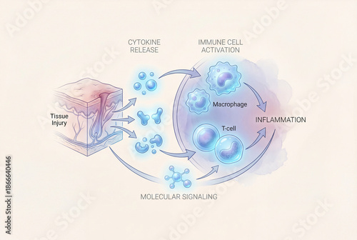 Immune system activation diagram showing cytokine release storm and inflammatory signaling pathway