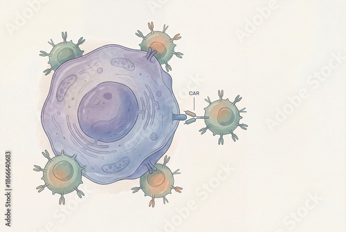 CAR T-cell therapy mechanism illustration showing immunotherapy attacking a tumor cell
