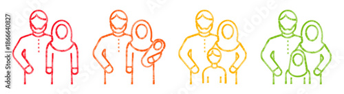 Hand drawn Muslim family in colorful marker style. Father, mother and child drawn with felt tip outlines. Friendly Islamic parenting concept.