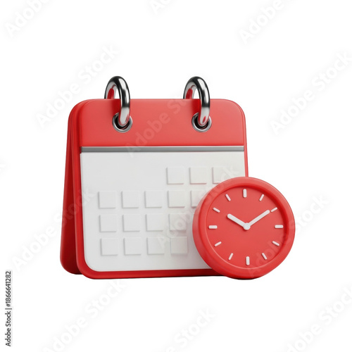 Photorealistic 3d minimalist icons: a vibrant matte red calendar with silver rings and a matching clock, featuring crisp white details, on a solid transparent background, bathed in even studio light.