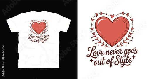 Love never goes out of style text with heart and leaves wreath on white vector t-shirt design