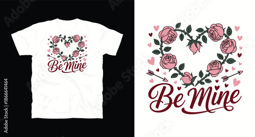 Be mine valentine romantic lettering surrounded by pink roses wreath cupid arrows and small hearts vector t-shirt design 
