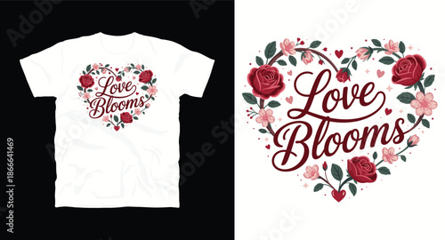 Valentine's day love blooms script lettering inside heart shape made of beautiful roses and flowers for t shirt design