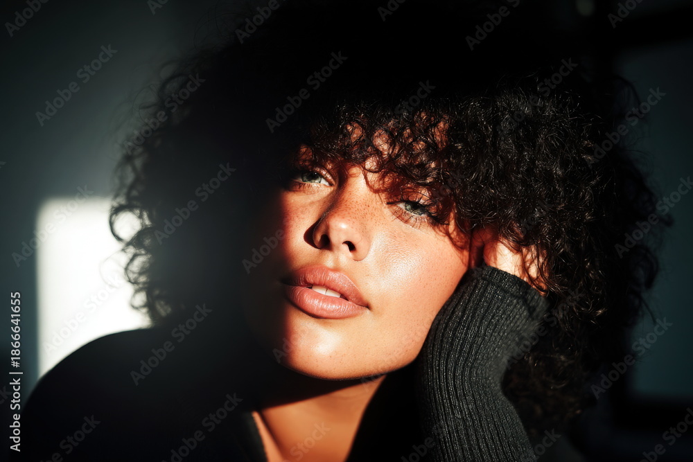 Fototapeta premium Young woman with curly hair posing in natural light in a room during the afternoon