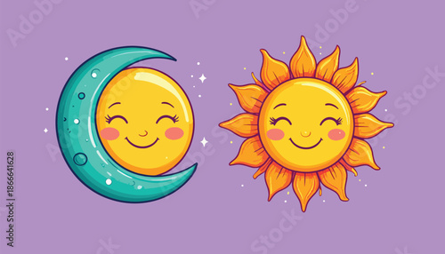 Cartoon Sun and Moon with Smiling Faces and Rosy Cheeks.