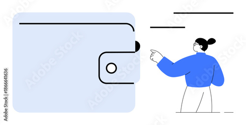 Digital payments, personal finance, online shopping, fintech, e-wallet security, money transfer. Minimalistic wallet graphic with person pointing at elements. Digital payments and personal finance