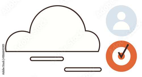 Cloud storage, user authentication, data safety, digital access, target achievement, online connectivity. Cloud graphic with profile icon and checkmark in target circle. Cloud storage and user