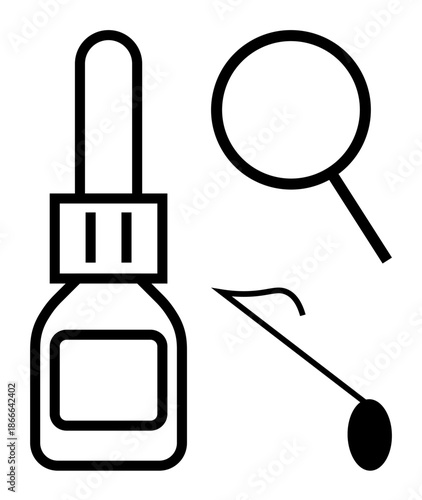 Dropper bottle, dental mirror, and probe tools representing healthcare, hygiene, dental care, prevention, diagnosis, analysis and precision medicine. Ideal for medical and health flat metaphor