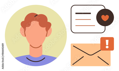 Social media communication, online messaging, user notifications, email alerts, digital interaction, profile updates. A faceless person, an envelope and message bubbles. Social media communication