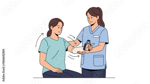 Physiotherapist measuring arm rotation for a patient during recovery