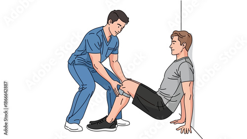 Physiotherapist assisting male patient with knee stability wall sit