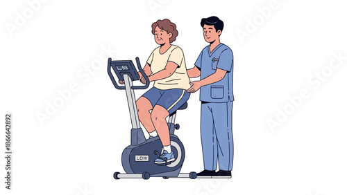 Mature woman cycling on exercise bike supervised by physical therapist