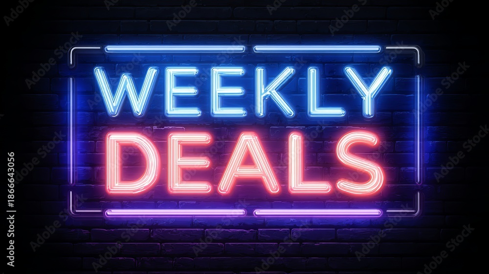 Obraz premium A neon sign mounted on a brick wall displays the words 'WEEKLY DEALS' in a bold and eye-catching manner, perfect for grabbing the attention of potential customers.