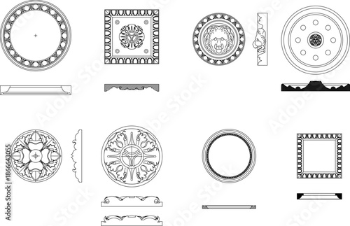Technical vector of various decorative rosettes, featuring lion heads, floral reliefs, and detailed side profile sections.