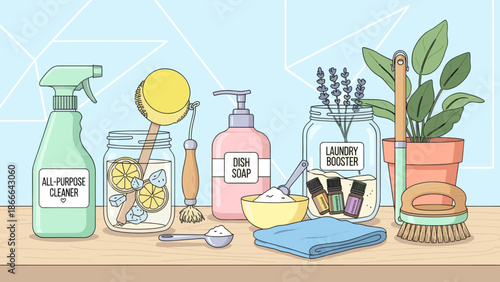 A cute cartoon bottle of all-purpose cleaner on a wooden surface, conveying a sense of cleanliness and organization.