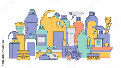 A colorful illustration of a bottle and brush, conveying creativity and cleaning concepts.