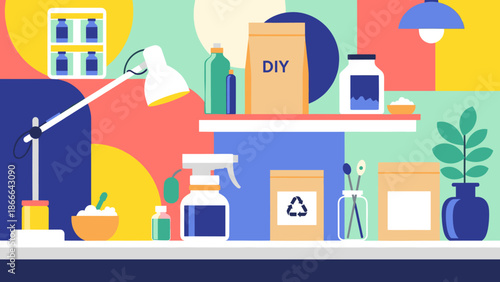 A vibrant digital illustration of a breakfast setup with a jar of spread and a bowl of food on a clean white table against a blue background.