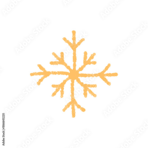 Orange snowflake icon in crayon style with winter frost detail. Ice symbol as snow flake and decoration, perfect for expressing cold chill and xmas mood in seasonal holiday design.