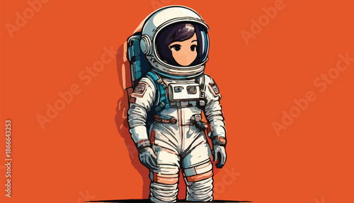 Cartoon Astronaut Girl Standing on Orange Background.