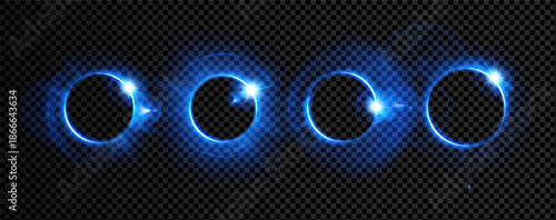 Blue halo black background light magic and eclipse neon circular. Star border technology with hologram halo art and galaxy round flare. Luminous electric halo with transparent futuristic blue.