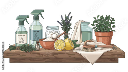 An illustration of a bunch of herbs on a wooden table with a bottle and bowl