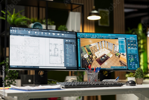 Fotografie Modern architecture workspace featuring dual monitors with 3D rendering software and floor plan layouts on screen