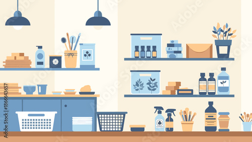 A calm and organized laundry scene with a white basket and clean dishes on a shelf, evoking a sense of domestic serenity.