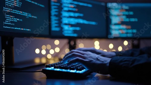 Close up of person typing code on illuminated keyboard with three monitors in background, displaying code in dark room with bokeh lights.