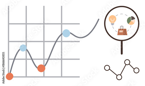 Business strategy, market research, data analysis, financial growth, e-commerce, investment. A graph showing trends and a magnifying glass revealing data. Business strategy and market research