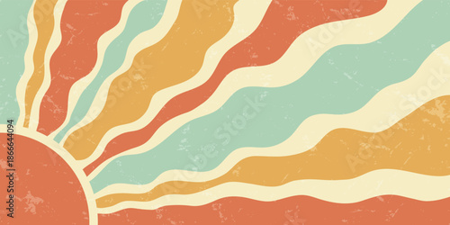 Groovy retro sun burst and orange ray wave pattern in horizontal grunge style. Yellow sunshine background with y2k graphic brings bold burst and sun energy to stylish art decor.