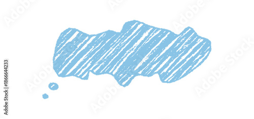 Crayon sketch squiggle speech bubble in diagonal fluid form. Graphic message cloud with talk and thought style, hand drawn texture. Blue abstract shape for playful idea or creative concept.