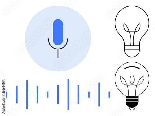 Voice recognition, innovation, creativity, AI, technology tools, brainstorming. Microphone icon with sound waves and two light bulb illustrations. Voice recognition and innovation concept