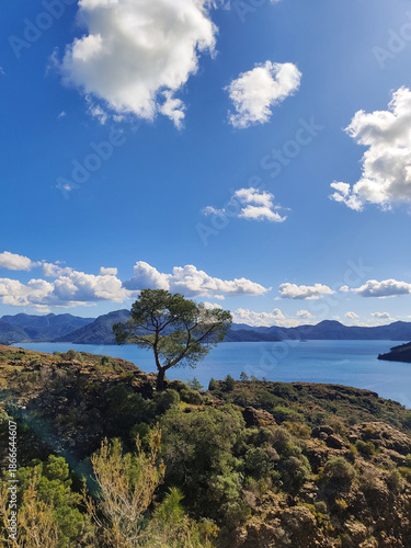 beautiful landscape of a lake in the middle of mountains and cloudy sky
