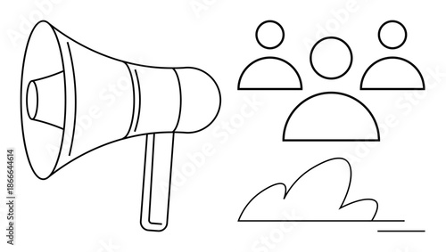 Marketing, communication, public relations, advertising, audience engagement, outreach. A megaphone directed towards three abstract people. Marketing and communication concept