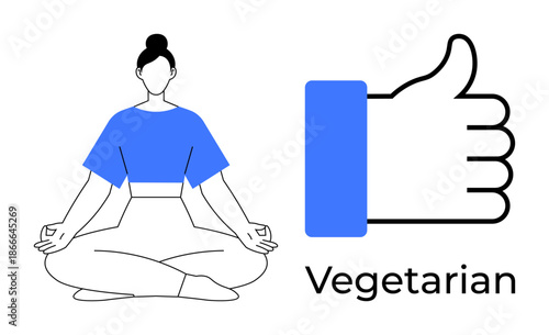 Vegetarian lifestyle. Graphic of a meditating woman promotes the benefits of a vegetarian lifestyle. Vegetarian concepts mindfulness, health, and conscious living. Great for wellness, fitness, health