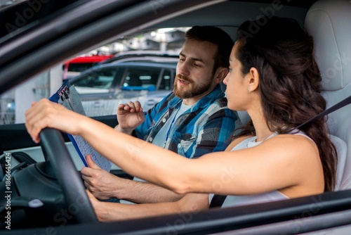 Young attractive woman driving car with male instructor in passenger seat during drive lesson. Man holding checklist. Driving test, driver courses, exam concept