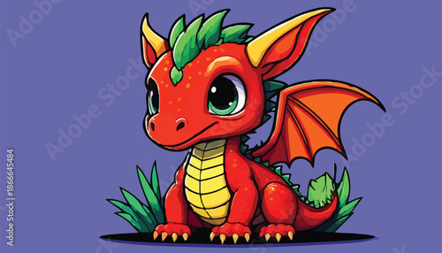 Adorable Red Dragon Cartoon Character with Big Eyes and Small Wings.