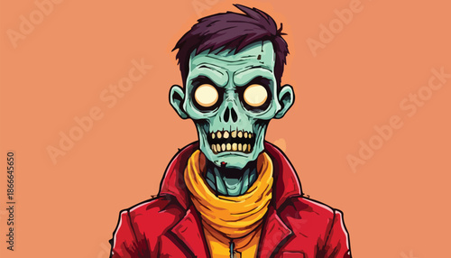 Cartoon Zombie Character with Glowing Eyes and Red Jacket.