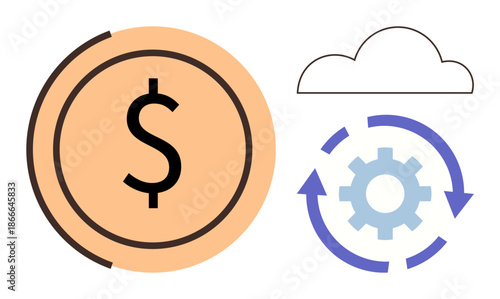 Financial management, cloud computing, digital payments, fintech innovation, automation, economic processes. A dollar symbol, cloud and gear with arrows. Fintech and digital payments concept