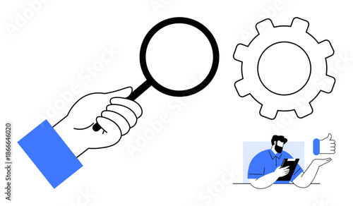 Data analysis, technology, feedback collection, user experience, problem-solving, research. Hand holding magnifying glass, gear symbol person using a tablet. Analysis and technology-oriented ion