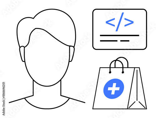 Digital health, e-commerce, coding, healthcare technology, user identity, online purchasing. Minimalistic design showing a face outline, coding panel and medical shopping bag. Digital health