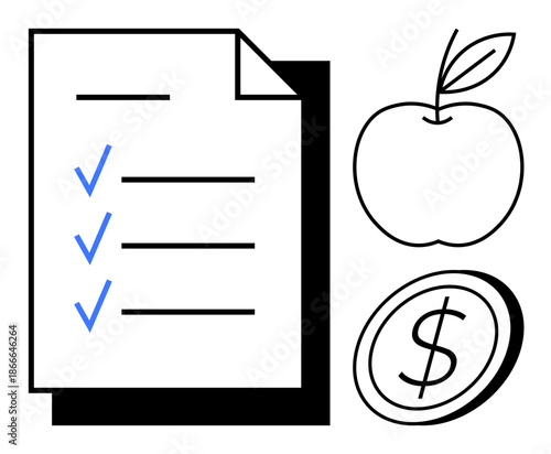 Task management, health goals, planning, budgeting, productivity, organization. A checklist with blue check marks, an apple and a coin symbol. Task management and health goals imagery