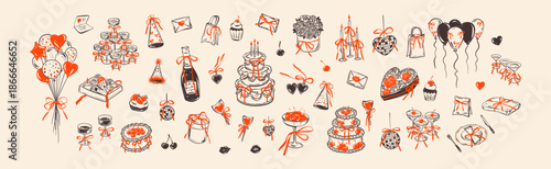 Set of hand drawn crayon doodle coquette girly birthday design elements. Cute feminine background for birthday, Valentines day, bachelorette party, wedding, bride shower designs. Cherry cake with bow