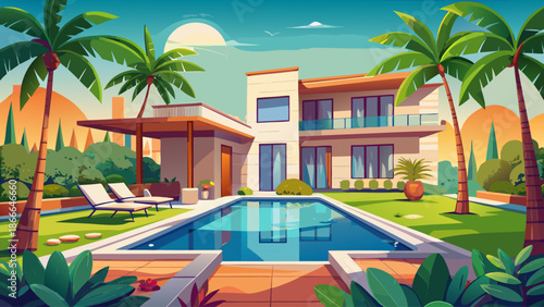 Luxury backyard with swimming pool, palm trees, and modern villa