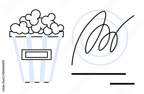 Entertainment, cinema, legal agreements, leisure, business, identity. A popcorn bucket and a stylized signature. Entertainment and legal agreements concept