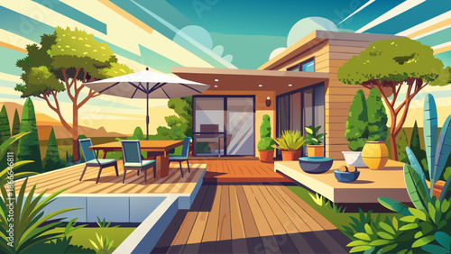 Modern house backyard with wooden deck, minimal plants, and outdoor dining area