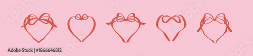 Set of hand drawn doodle bow ribbon whimsical hears frames. Pink coquette playful freehand organic heart shape drawing. Coquette flirtatious border. Birthday, bachelorette party, Valentines Day design